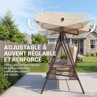 Outsunny Balancelle de Jardin 3 Places Grand Confort Toit Inclinaison réglable Coussins Plateaux rétractables 121x208x172cm beige(m-4)