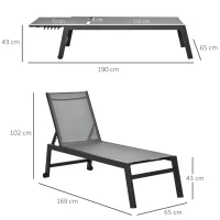 Outsunny Sonnenliege, Gartenliege, 5-stufige Rückenlehne, Aluminium, Grau, 202 x 65 x 43 cm(m-3)