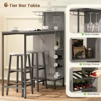 HOMCOM 3 Pieces Dining Room Set, 2 Round Stools with Footrest, 6-Tier Dining Table with Storage Shelves, Natural(m-4)