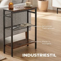HOMCOM Bijzettafel met 3 planken, kleine nachttafel met metalen frame, rustiek bruin voor de woonkamer(m-5)