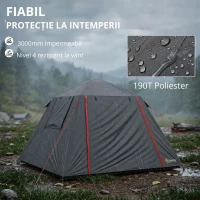 Outsunny Cort camping 2 persoane 3000 mm impermeabil & rezistent la vânt, cort cupolă cu 2 uși, 2 ferestre cu plasă, 2 ferestre laterale, husă de transport(m-7)