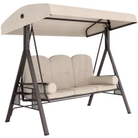 Outsunny Balancelle de Jardin 3 Places Grand Confort Toit Inclinaison réglable Coussins Plateaux rétractables 121x208x172cm beige(m-1)