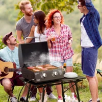 Outsunny Tischgrill Gasgrill BBQ mit 2 Brennern mobiler Grillwagen Grillnetz klein Outdoor Tischgasgrill Picknick mit Druckminderer Schlauch Edelstahl Schwarz 55 x 46,5 x 41 cm(m-10)