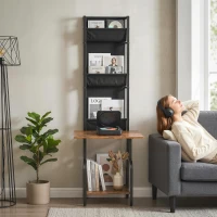 HOMCOM Vinyl Record Player Stand Record Storage with Player Stand Oxford Fabric Pockets Bottom Shelf Rustic Brown and Black(m-9)