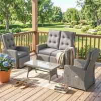 Outsunny 4 Piece Rattan Garden Furniture Set Outdoor Sofa Sectional Set with Glass Top Table for Poolside, Grey(m-13)