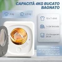 HOMCOM Mini Asciugatrice Portatile 4 kg, 5 Programmi, 800W, Fino 60℃, Timer, Tamburo in Acciaio Inox, per Casa, Bianco(m-5)