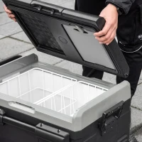 Outsunny 50L Camping Fridge, Portable Freezer Compressor Car Refrigerator with LED, Telescopic Handle, 12/24V DC 110-240V AC Electric Cool Box Down to -20℃ for Campervan RV Boat Travel Truck(m-10)