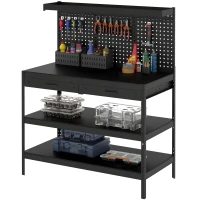 HOMCOM Établi d'Atelier, Charge Max. 272 kg, 122x61x156 cm, Panneau Perforé, 2 Tiroirs et 2 Étagères Réglables, Noir(m-12)