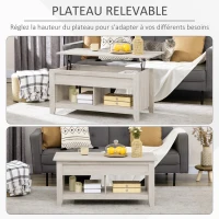 HOMCOM Table basse plateau relevable, table de salon avec étagères et compartiment caché,105 x 50 x 49-62,5 cm pour salon, chambre, aspect chêne clair(m-4)