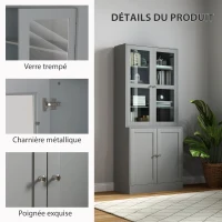HOMCOM Bibliothèque vitrine, meuble de rangement à 6 niveaux avec 4 portes dont 2 en verre trempé, étagères réglables, gris(m-6)