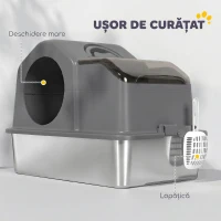 PawHut Litieră Pisici XL Închisă din Oțel Inoxidabil cu Capac, Paletă și Covoraș Colector Nisip, Gri Închis(m-7)