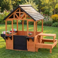AIYAPLAY Cabane enfant extérieur en bois maison enfant extérieure table bancs évier porte fenêtre supports de fleurs marron(m-2)