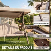 Outsunny Balancelle de Jardin 3 Places Grand Confort Toit Inclinaison réglable Coussins Plateaux rétractables 121x208x172cm beige(m-5)