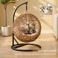 PawHut Pat împletit pentru pisici, Casă înaltă din rattan pentru pisici cu pernă lavabilă și bilă de joacă, Ascunzătoare pentru interior pentru pisici(m-6)