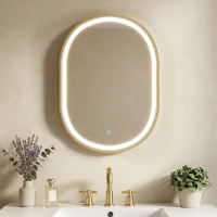 HOMCOM Armoire murale salle de bain avec miroir et éclairage LED, porte ovale, anti-buée, 50x14,5x70cm, doré(m-10)