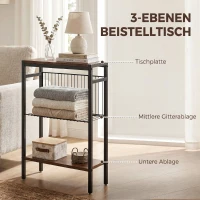 HOMCOM Bijzettafel met 3 planken, kleine nachttafel met metalen frame, rustiek bruin voor de woonkamer(m-4)