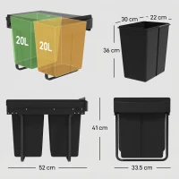HOMCOM Pull Out Bin, Kitchen Under Sink Bin with 2 Removable Compartments, Smooth Glide, Black(m-3)