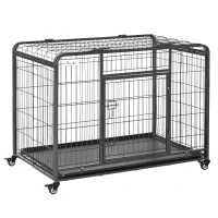 PawHut Cage pour chien pliable cage de transport sur roulettes 2 portes verrouillables plateau amovible dim. 109,5L x 71l x 78H cm métal gris foncé(m-12)