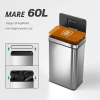 HOMCOM Coș de gunoi cu senzor 60 L cu capac cu închidere silențioasă, coș de gunoi automat de bucătărie din oțel inoxidabil, argintiu(m-9)