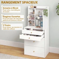 HOMCOM Coiffeuse avec miroir et tabouret de rangement mobile, table de maquillage, tiroirs, placard et étagères ouvertes, blanc(m-5)