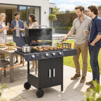 Outsunny Barbecue a Gas con Coperchio, 4 Bruciatori da 11.6kW, Fornello, Mensola e 2 Ruote, 110x50x100cm Nero(m-10)