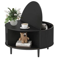 HOMCOM Coffee Table with Lift Top and Hidden Storage, Round Centre Table with Fluted Sliding Door, 80 cm, Black Wood Effect(m-15)