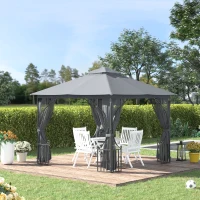 Outsunny 3 x 3(m) Garden Gazebo Patio Party Tent Shelter Outdoor Canopy Double Tier Sun Shade Metal Frame Netting, Light Grey(m-11)