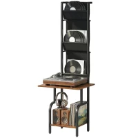 HOMCOM Vinyl Record Player Stand Record Storage with Player Stand Oxford Fabric Pockets Bottom Shelf Rustic Brown and Black(m-11)