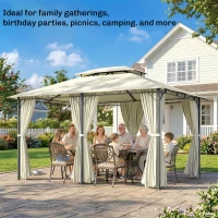 Outsunny 4m x 3(m)Garden Gazebo, Double Roof Outdoor Gazebo Canopy Shelter with Curtains, Solid Steel Frame for Lawn and Deck, Beige(m-6)