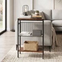 HOMCOM Bijzettafel met 3 planken, kleine nachttafel met metalen frame, rustiek bruin voor de woonkamer(m-7)