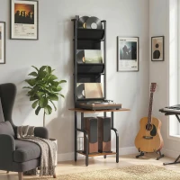 HOMCOM Vinyl Record Player Stand Record Storage with Player Stand Oxford Fabric Pockets Bottom Shelf Rustic Brown and Black(m-10)