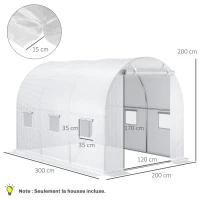 Outsunny Bâche de Rechange Serre Tunnel 6 m², bâche PE Anti-UV imperméable 6 fenêtres + Porte Enroulable zippée Blanc(m-3)