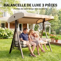 Outsunny Balancelle de Jardin 3 Places Grand Confort Toit Inclinaison réglable Coussins Plateaux rétractables 121x208x172cm beige(m-7)