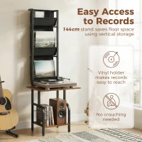 HOMCOM Vinyl Record Player Stand Record Storage with Player Stand Oxford Fabric Pockets Bottom Shelf Rustic Brown and Black(m-5)
