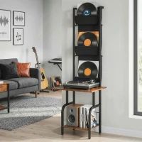 HOMCOM Vinyl Record Player Stand Record Storage with Player Stand Oxford Fabric Pockets Bottom Shelf Rustic Brown and Black(m-8)