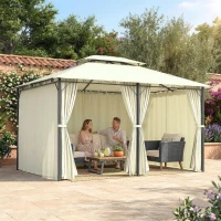 Outsunny 4m x 3(m)Garden Gazebo, Double Roof Outdoor Gazebo Canopy Shelter with Curtains, Solid Steel Frame for Lawn and Deck, Beige(m-16)