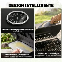 Outsunny Barbecue a Gas con Coperchio, 4 Bruciatori da 11.6kW, Fornello, Mensola e 2 Ruote, 110x50x100cm Nero(m-7)