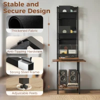 HOMCOM Vinyl Record Player Stand Record Storage with Player Stand Oxford Fabric Pockets Bottom Shelf Rustic Brown and Black(m-7)