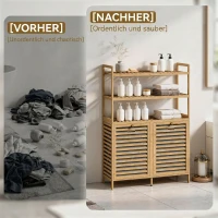 HOMCOM Doppel-Wäscheschrank mit Kippfunktion, freistehender Bambus-Schrank, 2 herausnehmbare Körbe, 3 Ablagefächer, Eiche(m-9)