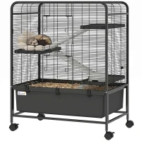 PawHut Cage pour Rongeurs sur Roulantes, 4 Niveaux, 3 Plateformes, 3 Rampes, Bouteille d'Eau, 75x46x94,5cm, Noir(m-16)