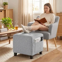 HOMCOM Quadratischer Hocker, kleiner Ottoman mit Seitentasche, Fußstütze aus Stoff in Leinenoptik mit Gummibaumholzbeinen, Hellgrau(m-2)