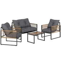 Outsunny Gartenmöbel-Set, 4-teilig, Sofa, 2 Stühle, Tisch mit Glasplatte, Metallgestell, Polyrattan, Anthrazit