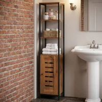 kleankin Mobile Bagno Alto Stretto, Mobiletto Bagno Salvaspazio con Ante Soft Close a Persiana, 3 Ripiani Aperti, Ripiani Regolabili, Marrone Rustico(m-8)