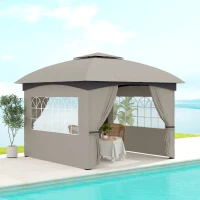 Outsunny 3,4 x 3,4 m Gartenpavillon, Bierzelt mit Lüftungsdach, Bogenfenstern, Stahlgestell, Hellgrau(m-10)
