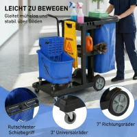 HOMCOM Reinigungskarre, Rollender Putzwagen mit 3 Ablagen, 70-Liter-Müllsack, Mop-Wringer-Eimer, Blau(m-7)