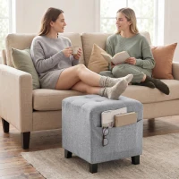 HOMCOM Quadratischer Hocker, kleiner Ottoman mit Seitentasche, Fußstütze aus Stoff in Leinenoptik mit Gummibaumholzbeinen, Hellgrau(m-9)