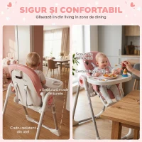 AIYAPLAY Scaun de Masă Pliabil pentru Copii 6-36 Luni cu Înălțime Reglabilă, Dublă Tăviță Lavabilă, Roți, Roz(m-7)