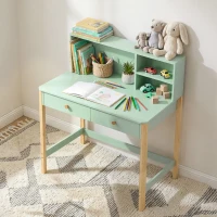 AIYAPLAY Bureau enfant en bois, bureau avec rangement, 2 tiroirs et 3 compartiments ouverts, plateau large, 90x52x105cm, vert(m-2)