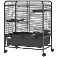 PawHut Cage pour Rongeurs sur Roulantes, 4 Niveaux, 3 Plateformes, 3 Rampes, Bouteille d'Eau, 75x46x94,5cm, Noir(m-1)