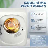 HOMCOM Mini Asciugatrice Portatile 4 kg, 5 Programmi, 800W, Carica Frontale, Tamburo in Acciaio Inox, per Casa, Bianco(m-4)